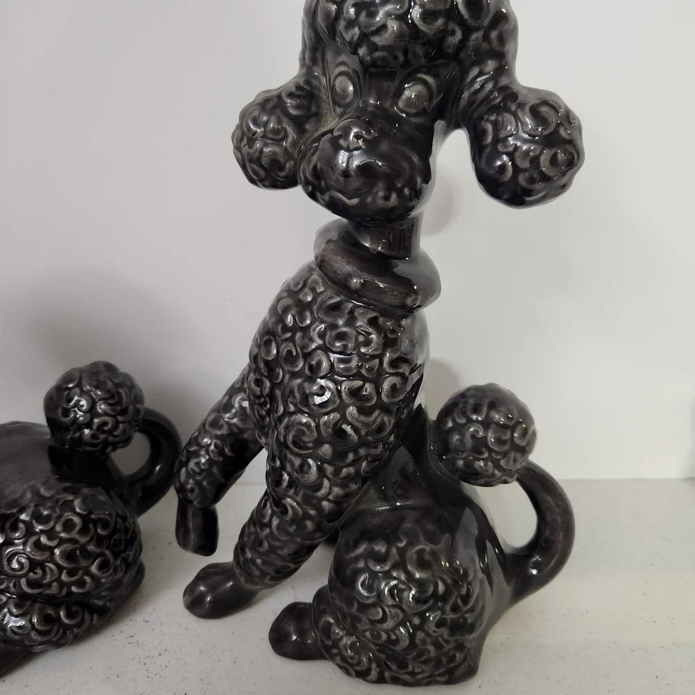 Vintage Mid Century Modern Gray Ceramic Shelf Poodles Dog Decor Signed Reiber